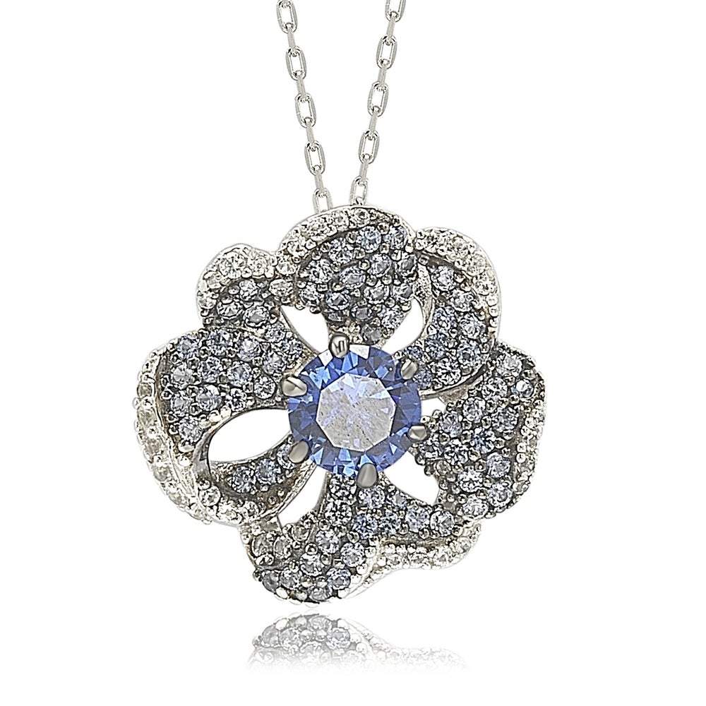 Suzy Levian Sterling Silver Sapphire and Diamond Accent Whimsical Flower Pendant Necklace