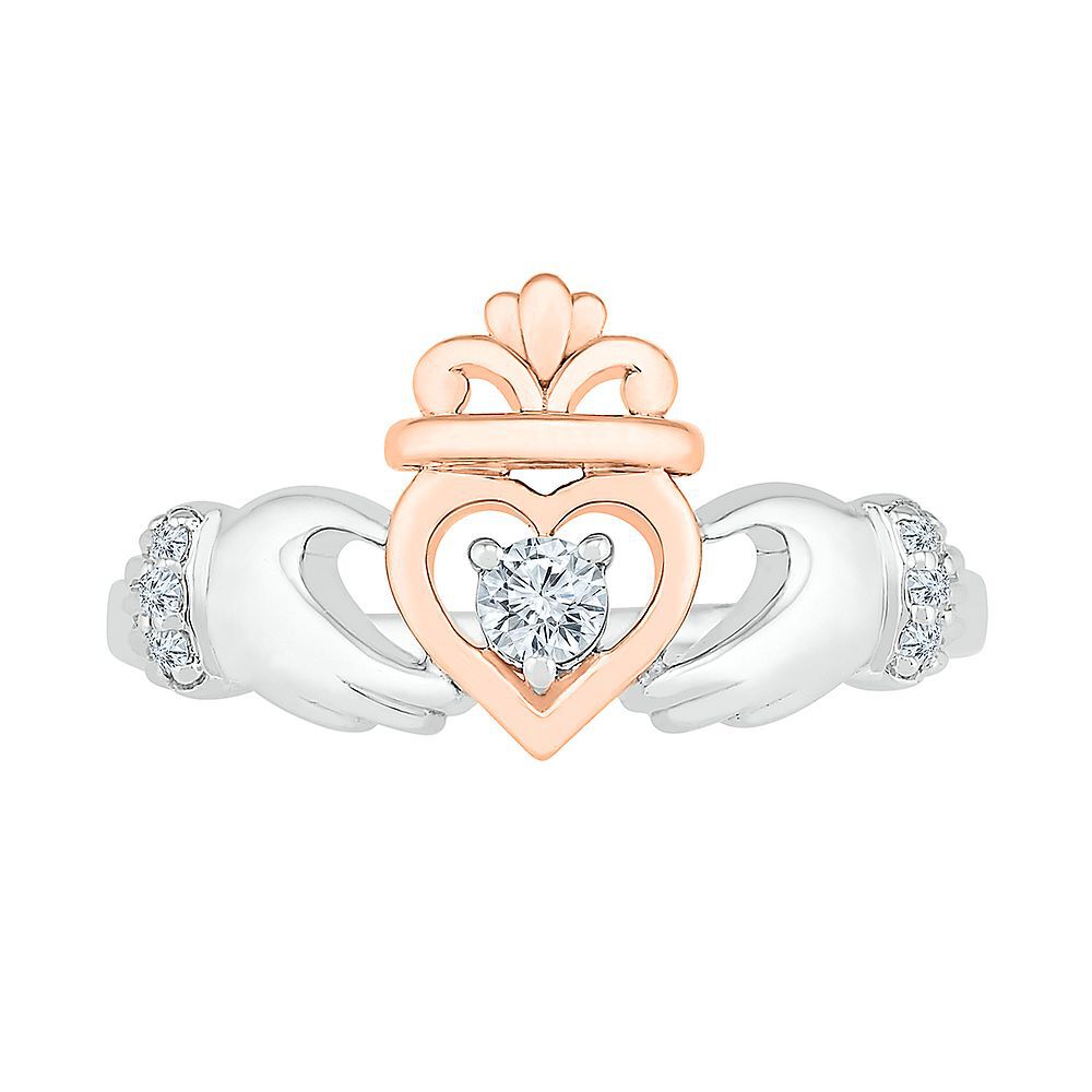 Diamond Claddagh Ring in Sterling Silver & 10K Rose Gold