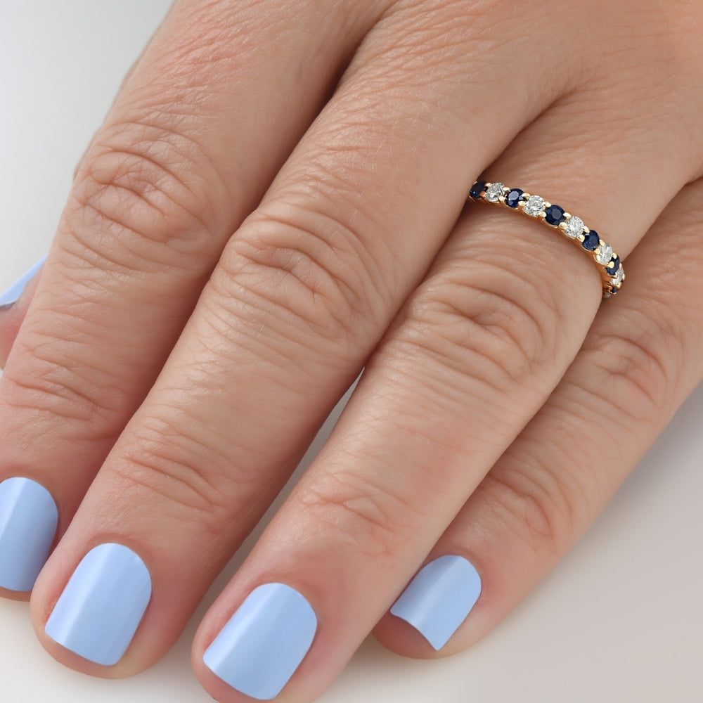 1 cttw Blue Sapphire Diamond Wedding Eternity Ring 10k Yellow Gold