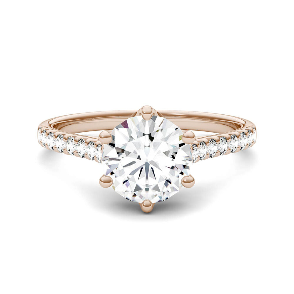 Round Moissanite Ring with Pavé Band in 14K Rose Gold (1 3/4 ct. dew)