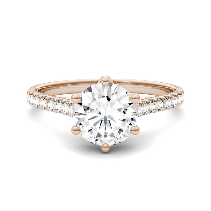 Round Moissanite Ring with Pavé Band in 14K Rose Gold (1 3/4 ct. dew)