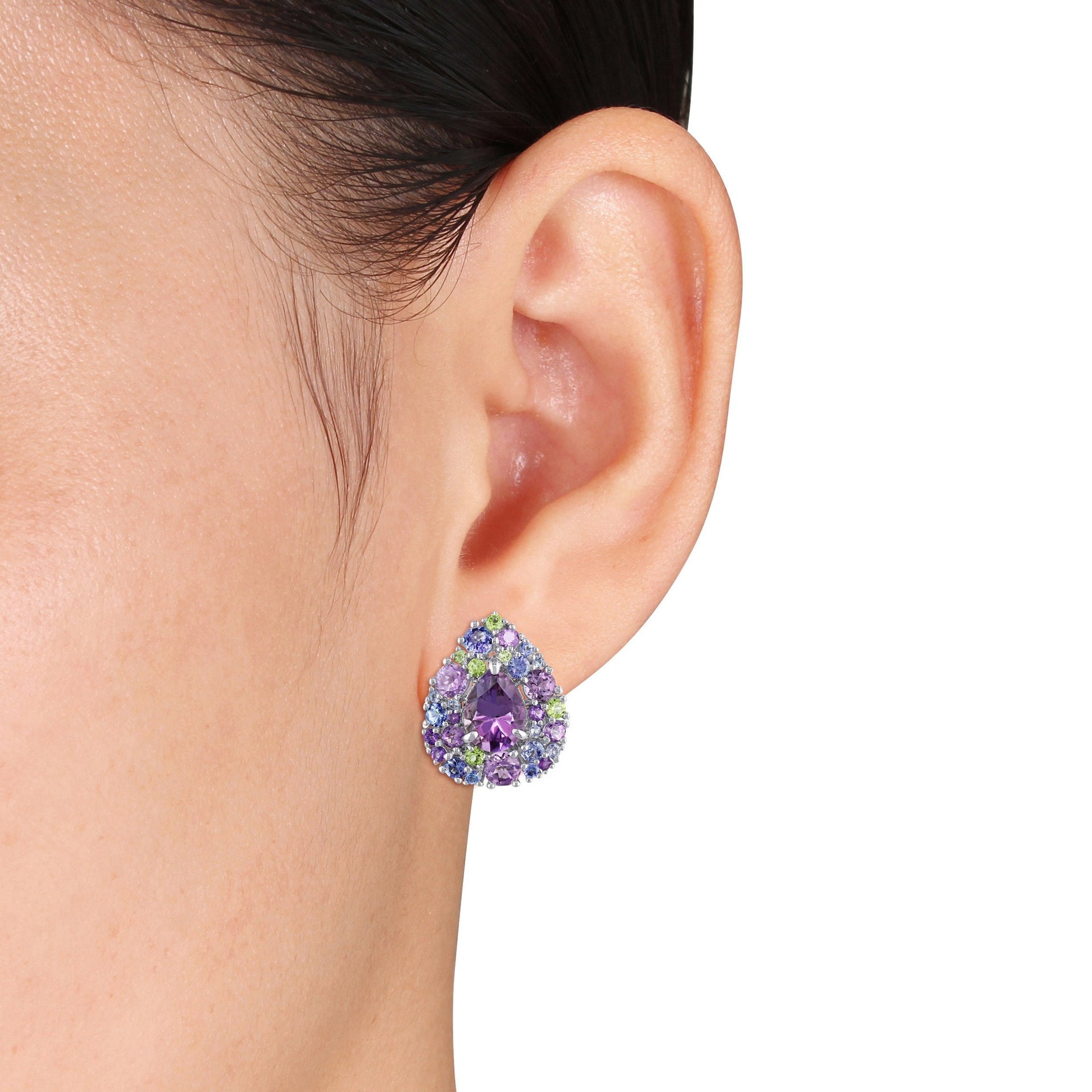 Mimi & Max 8 1/2 CT TGW Tanzanite, Rose de France, Peridot and Amethyst Pear-shape Cluster Earrings in Sterling Silver
