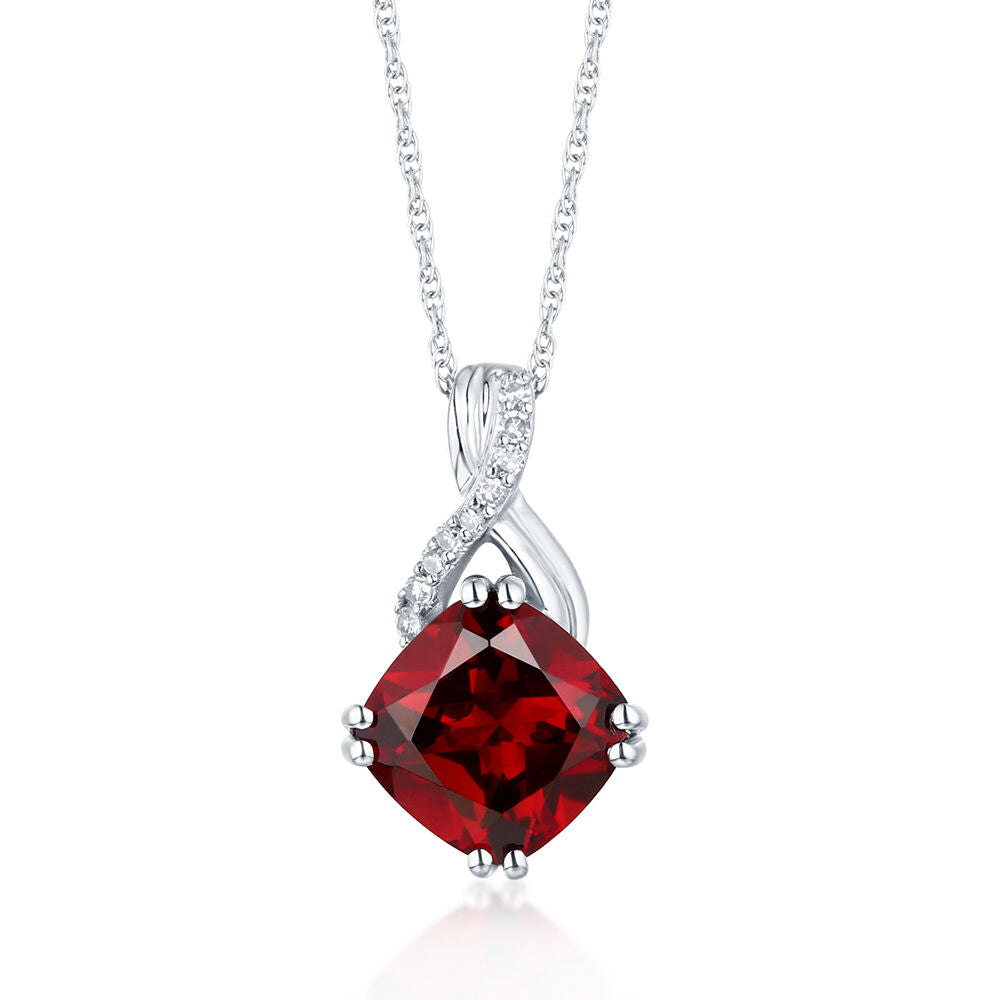 Garnet & Diamond Pendant in 10K White Gold