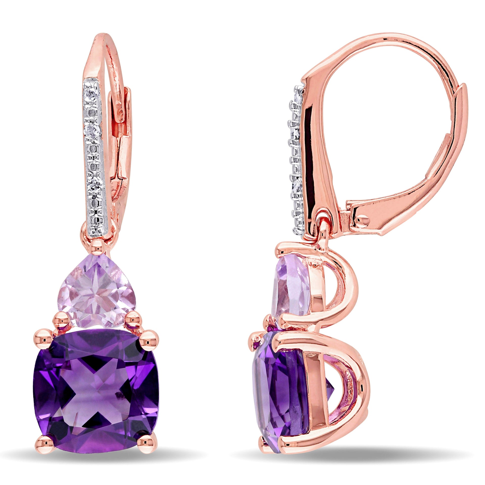 4 1/3ct TW Amethyst Rose de France and Diamond Accents Leverback Earrings in Rose Silver