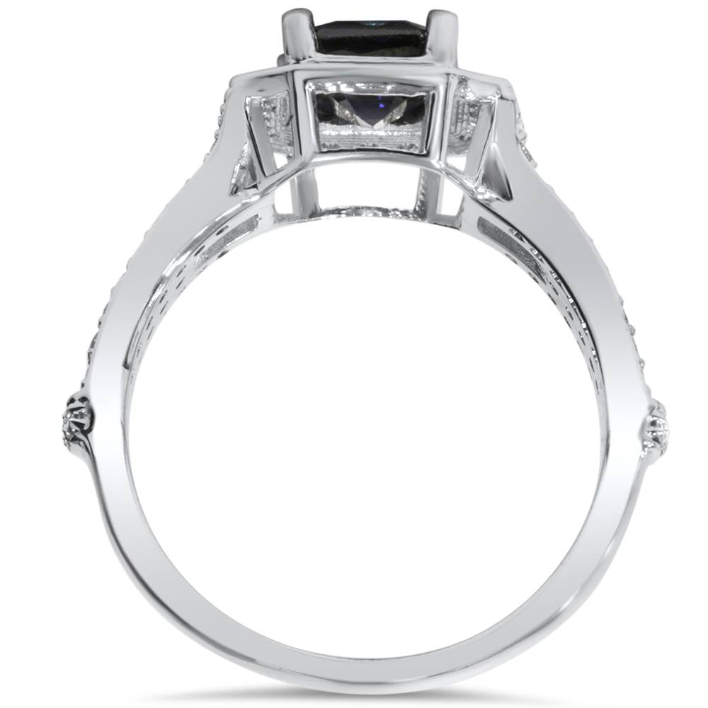 Vintage White Gold 2 ct Blue Sapphire & Diamond Halo Engagement Ring