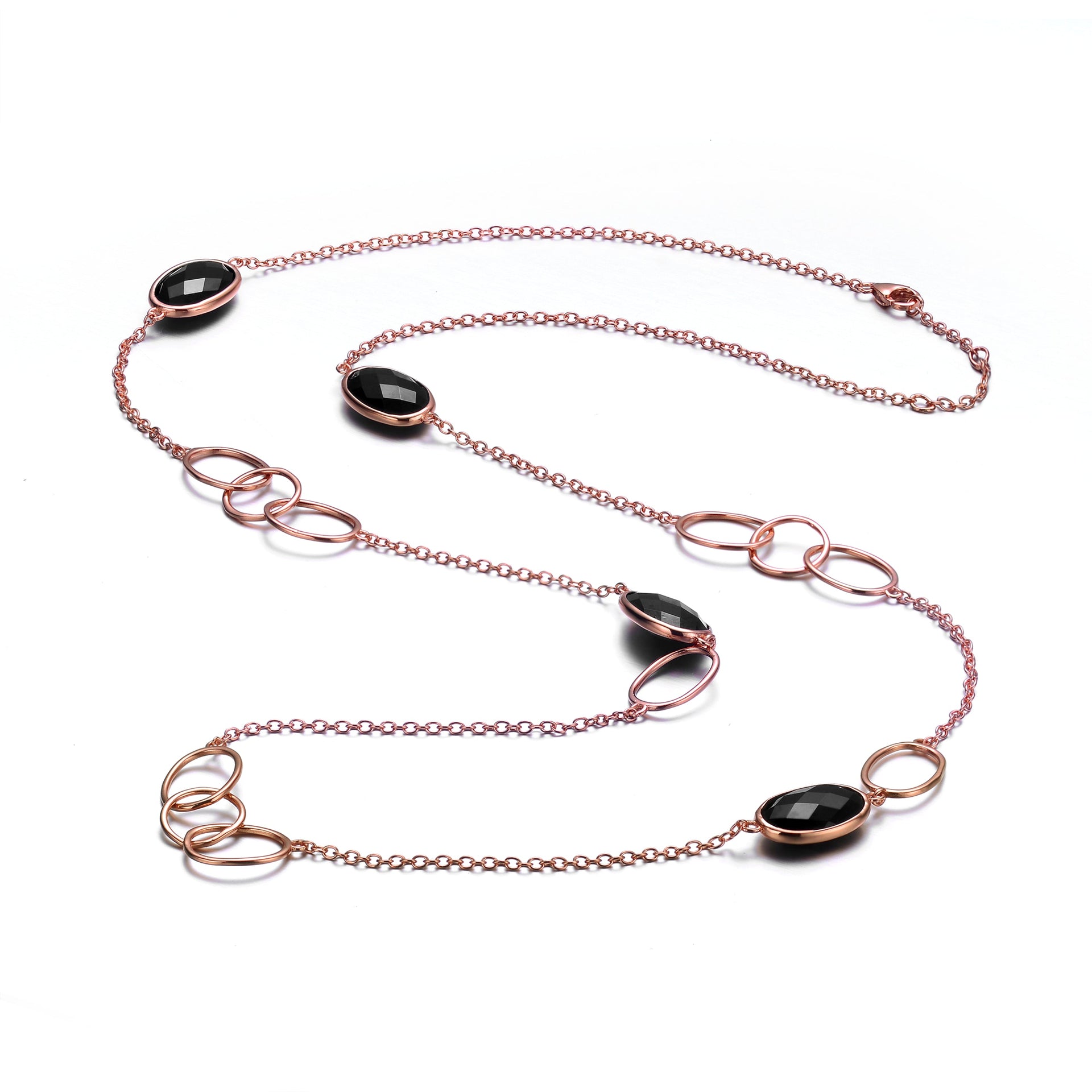 Sterling Silver Rose Gold Plated Black Cubic Zirconia Station Necklace
