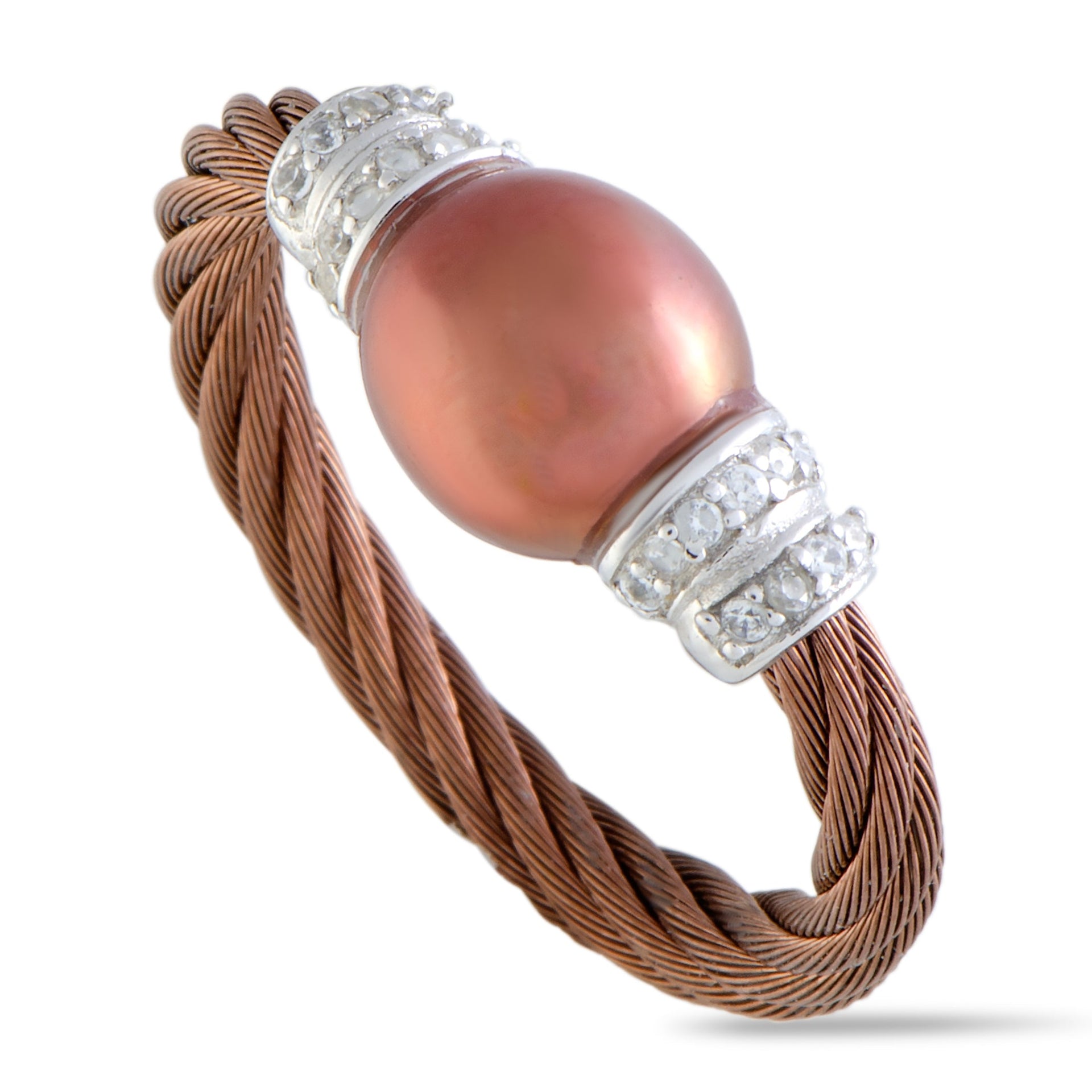 Pearl Stainless Steel Bronze PVD Brown Pearl and White Cubic Zirconia Cable Ring
