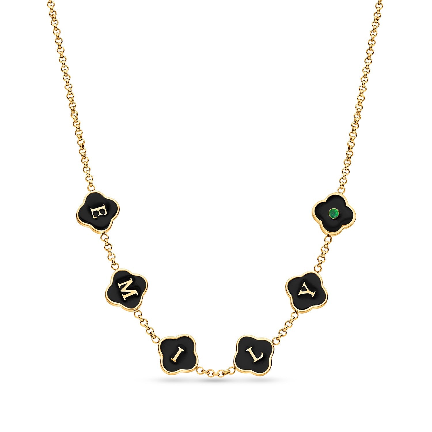 Black Enamel Clover Custom Name Necklace (Gold)