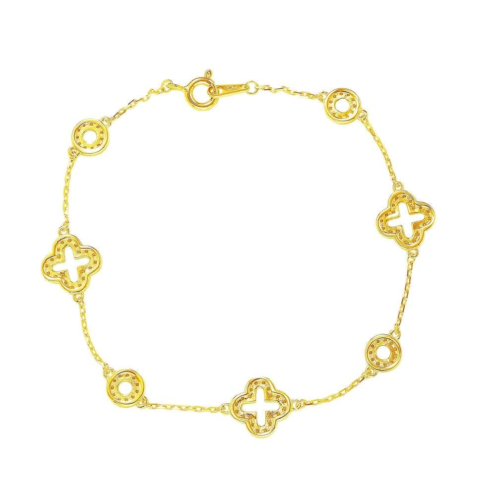 Suzy Levian Golden Sterling Silver White Cubic Zirconia Clover and Circles Bracelet