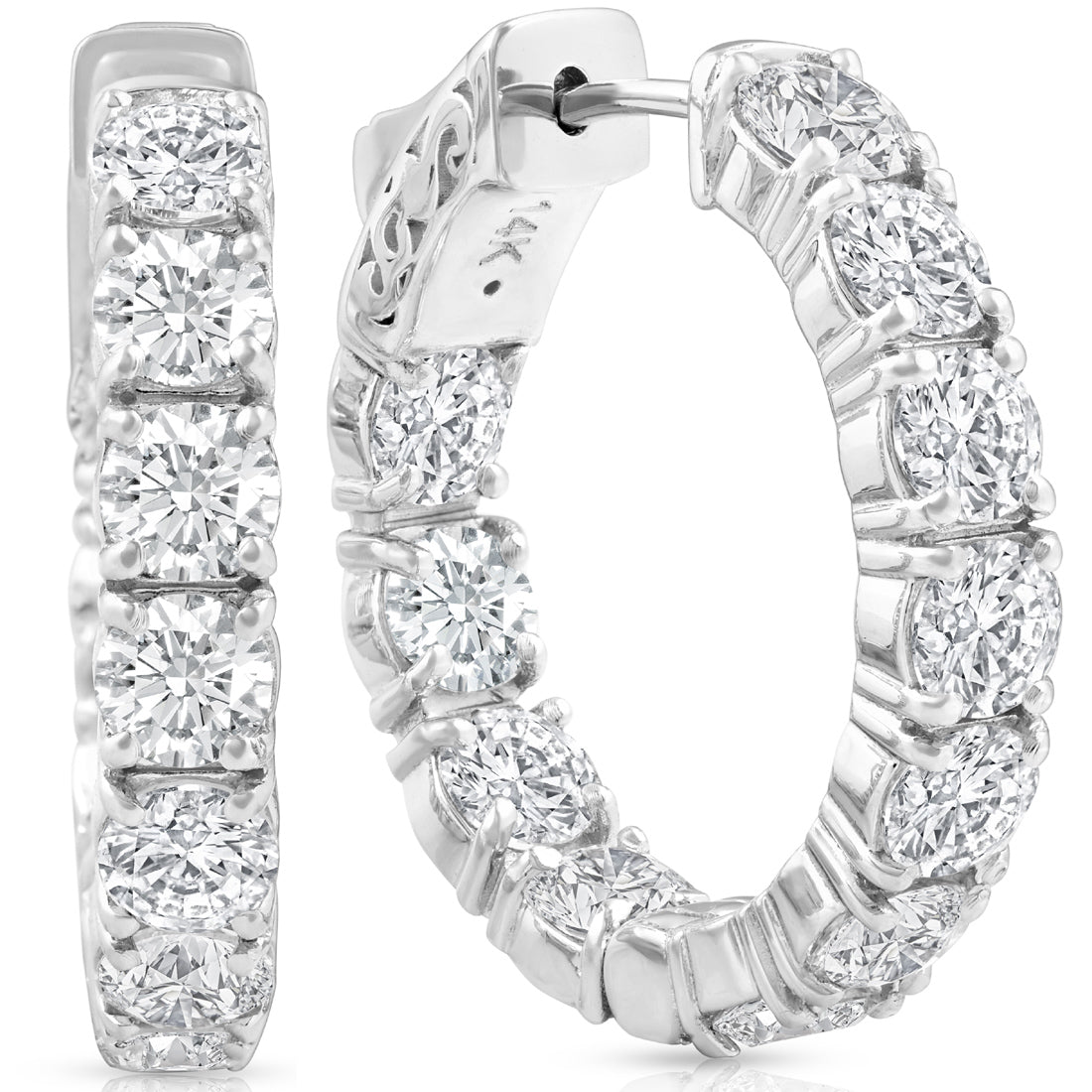 4 1/2 Ct Diamond Inside Outside Hoops W/ Vault Lock 14k White Gold Lab Grown