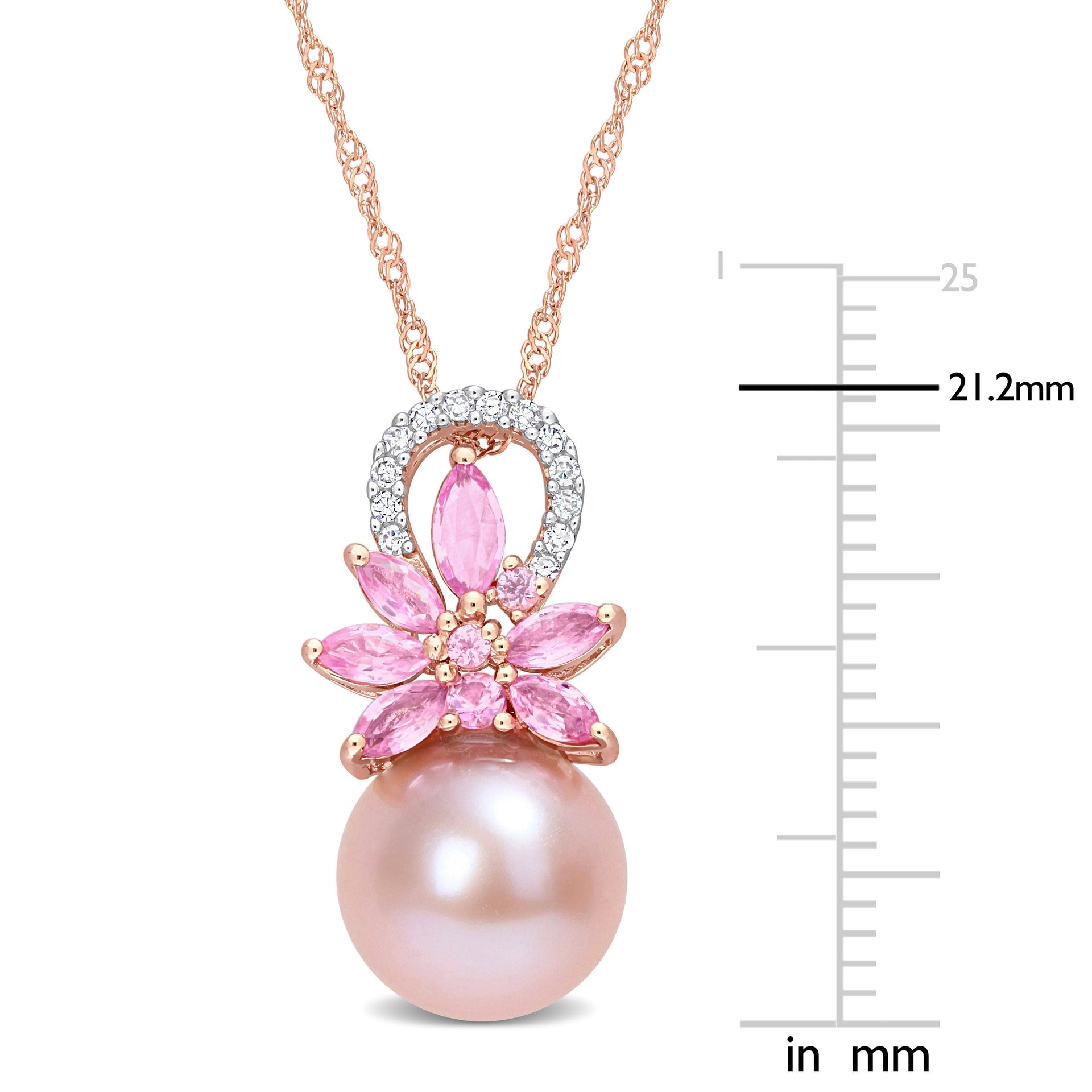 9.5-10 MM Cultured Freshwater Pearl and 1/2 CT TGW Pink Sapphire andnd Diamond Accent Flower Pendant with Chain in 14k Rose Gold