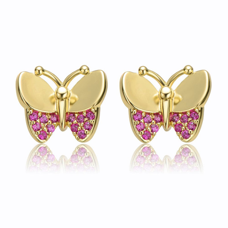 14k Yellow Gold Plating with Ruby Cubic Zirconia Pave Butterfly Stud Earrings for Kids