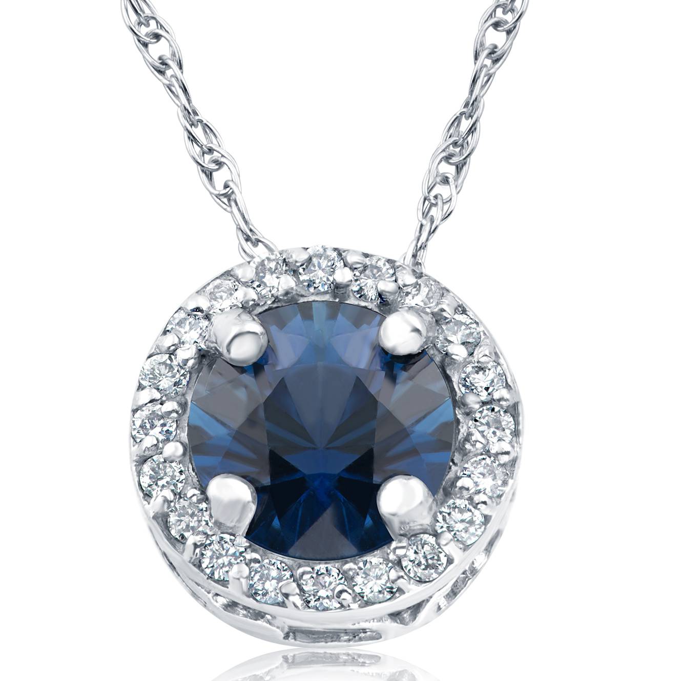 1/2 CT Blue Sapphire & Diamond Halo Vintage Pendant 14k White Gold & 18'
