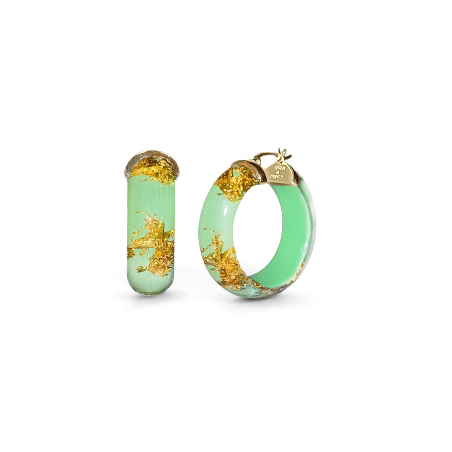24K Gold Leaf Huggie Hoop Earrings In Mint Green