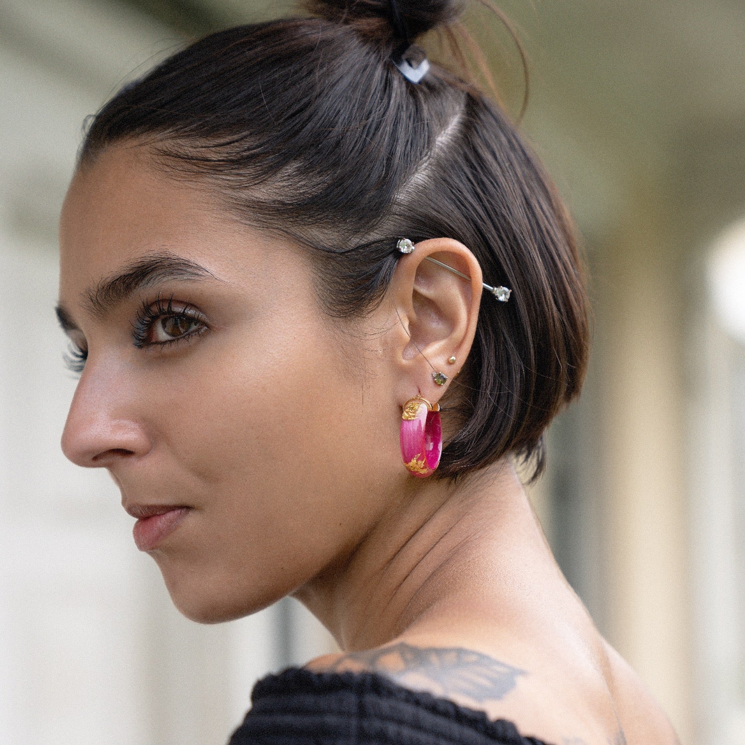 24K Gold Leaf Huggie Hoop Earrings In Orange