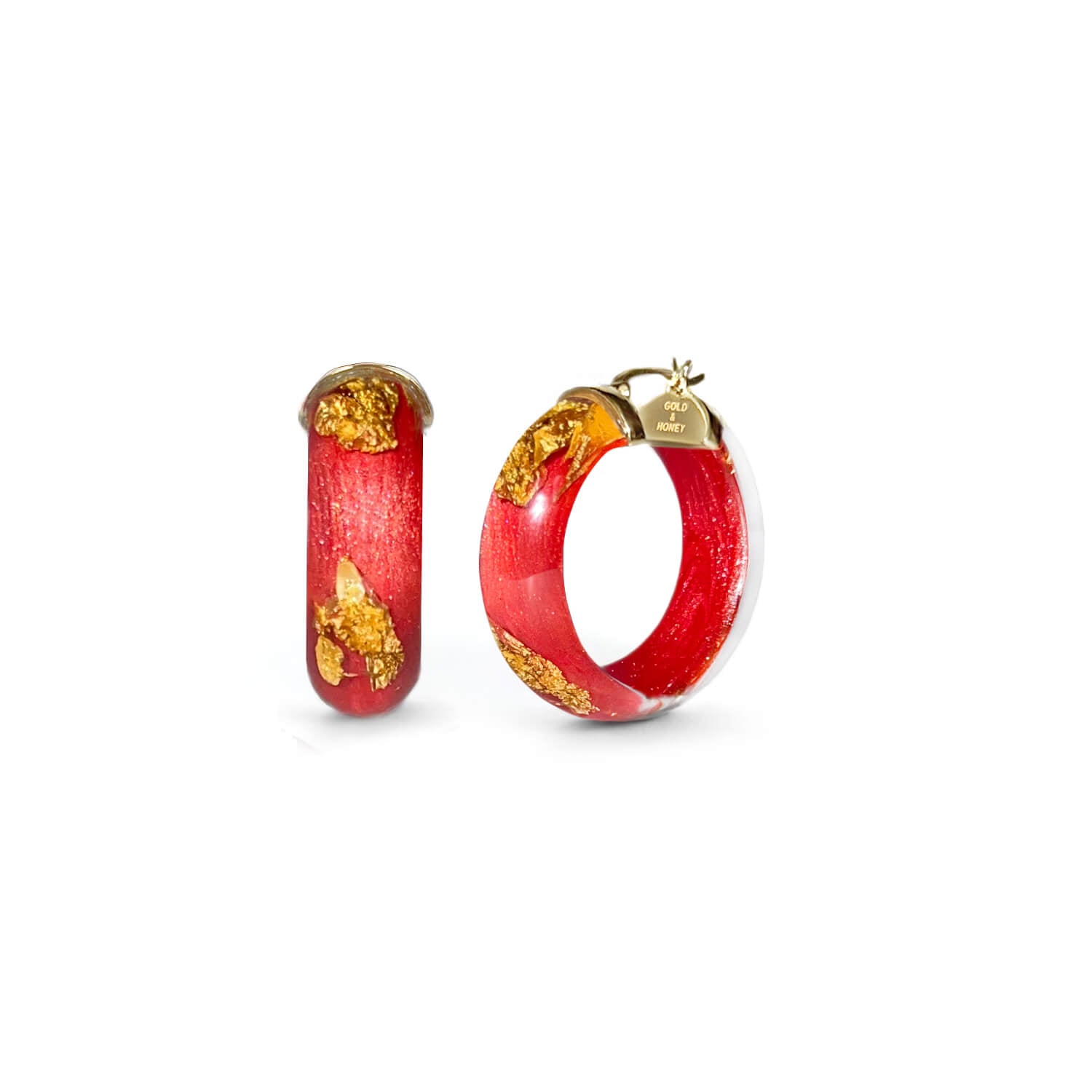 24K Gold Leaf Huggie Hoop Earrings In Watermelon Red
