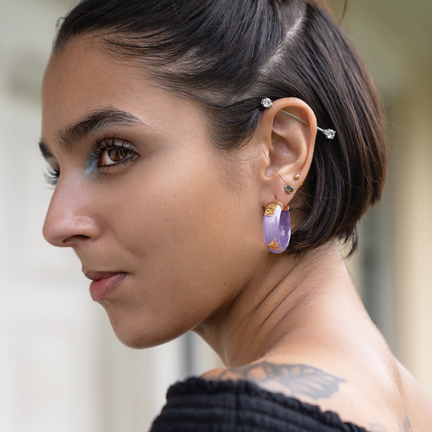 24K Gold Leaf Huggie Hoop Earrings In Lavender