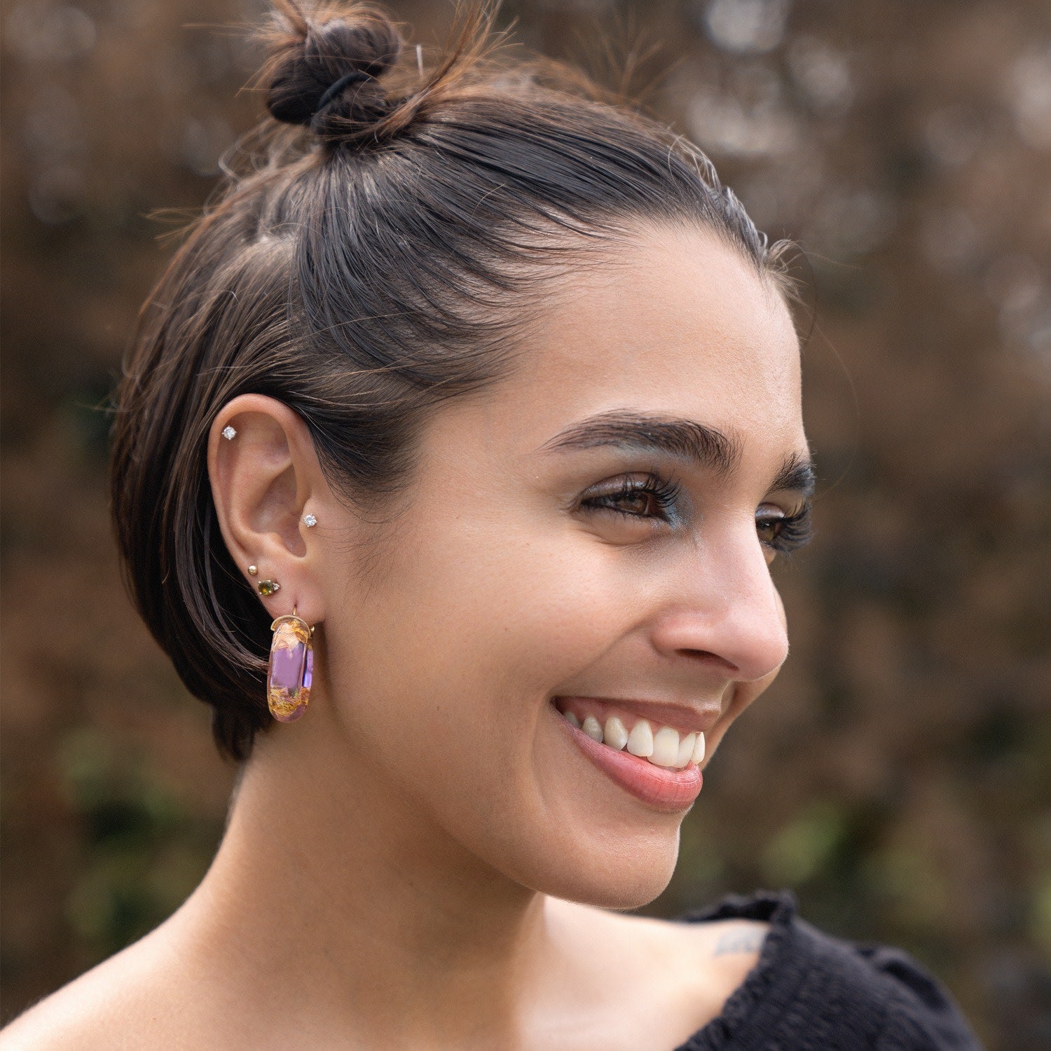 24K Gold Leaf Huggie Hoop Earrings In Purple