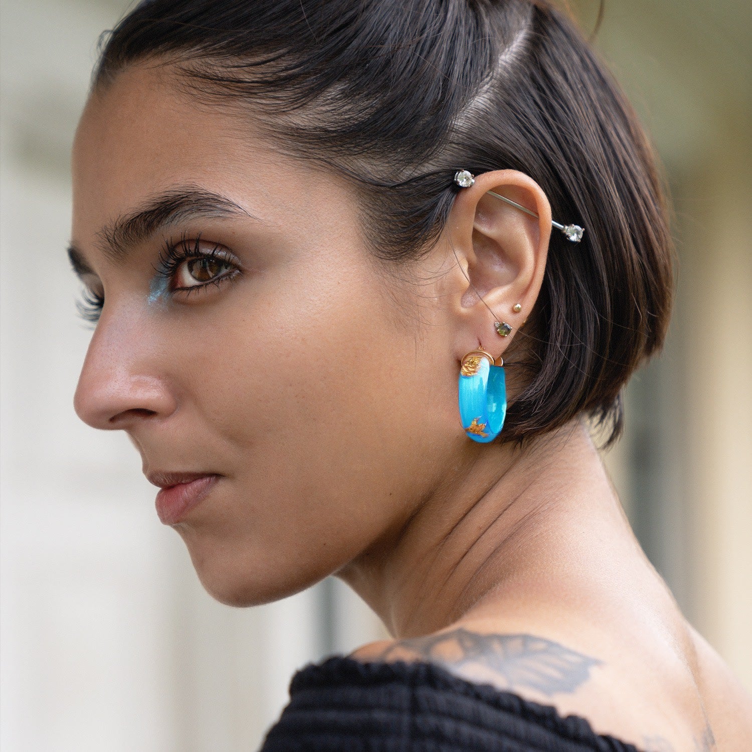 24K Gold Leaf Huggie Hoop Earrings In Turquoise