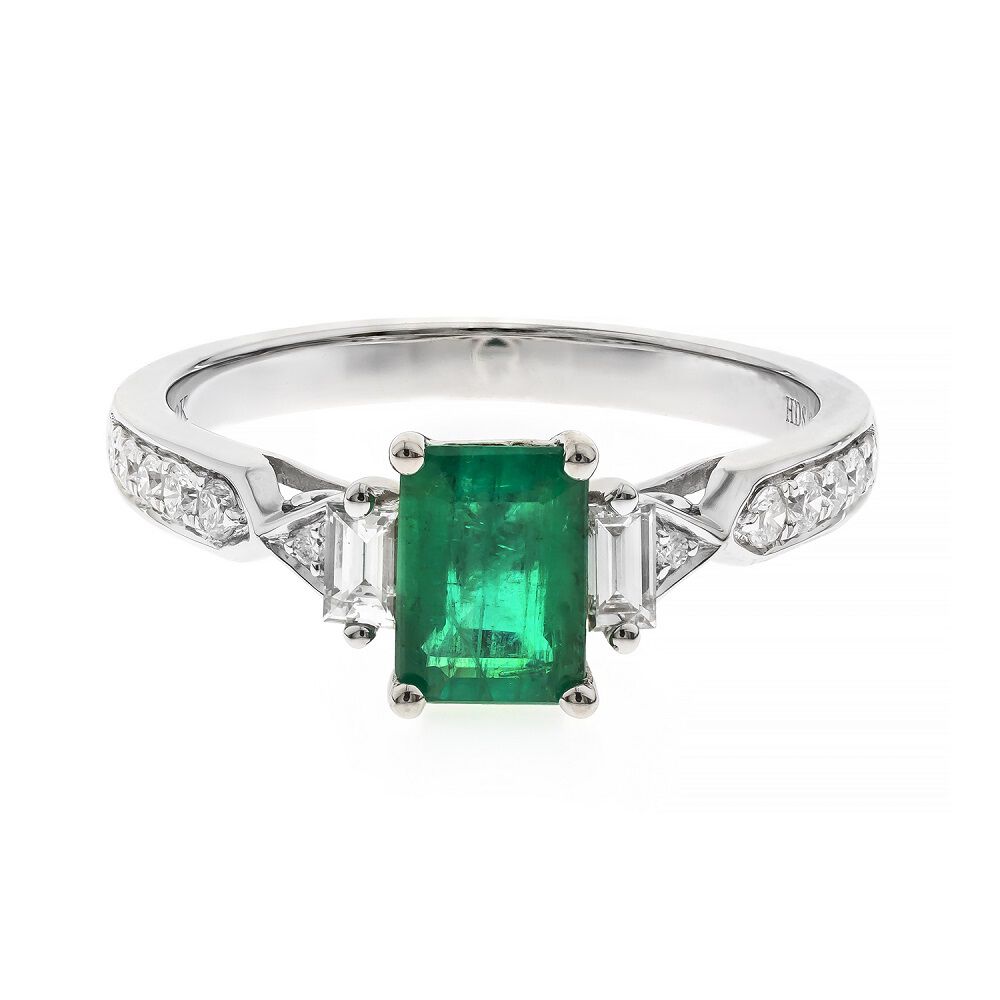 Emerald Ring with Fancy Baguette-Cut Diamonds in 10K White Gold