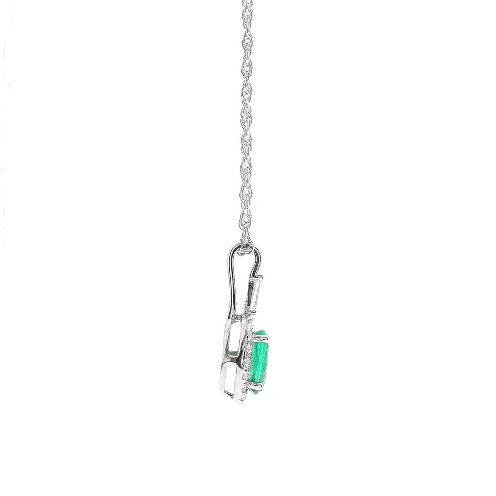 Oval Emerald & Diamond Pendant in 10K White Gold (1/7 ct. tw.)