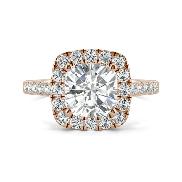 Cushion-Cut Moissanite Halo Ring in 14K Rose Gold (2 5/8 ct. dew)