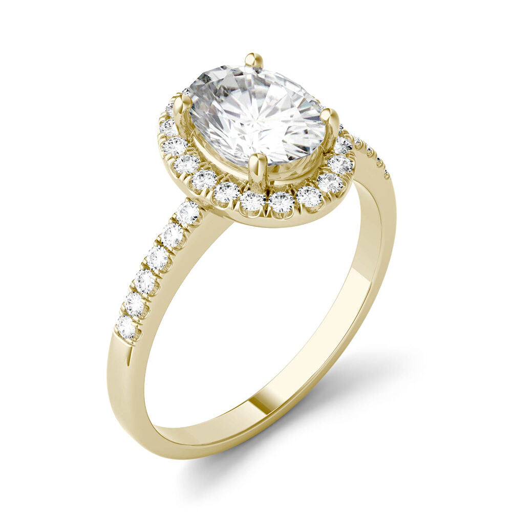 Oval Moissanite Halo Ring in 14K Yellow Gold (1 7/8 ct. dew)