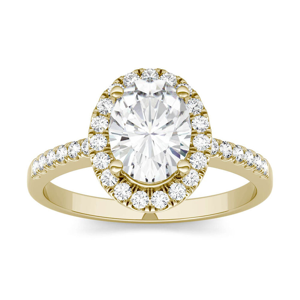 Oval Moissanite Halo Ring in 14K Yellow Gold (1 7/8 ct. dew)
