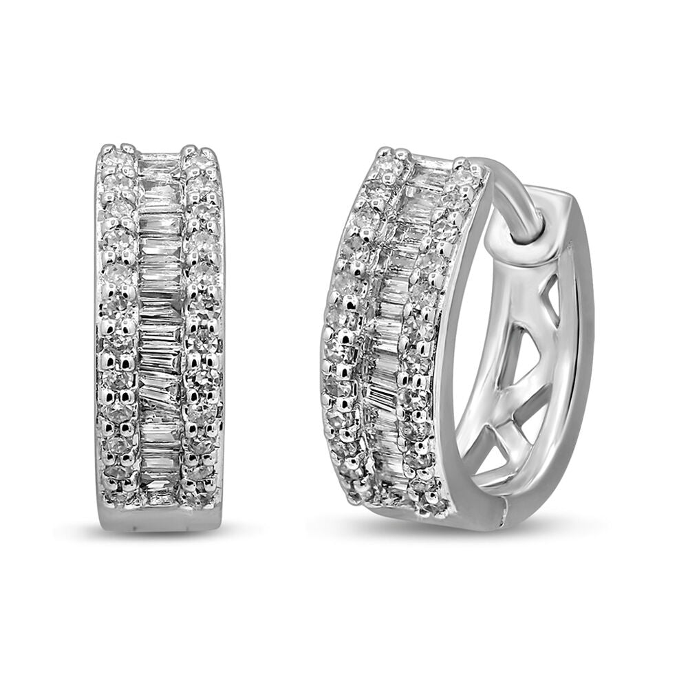 Baguette and Round Diamond Hoop Earrings in 10K White Gold (1/4 ct. tw.)