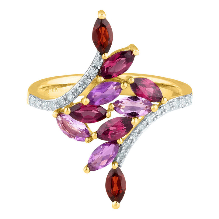 Amethyst & Garnet Pave Diamond Wrap Ring in 10K Yellow Gold (1/10 ct. tw.)