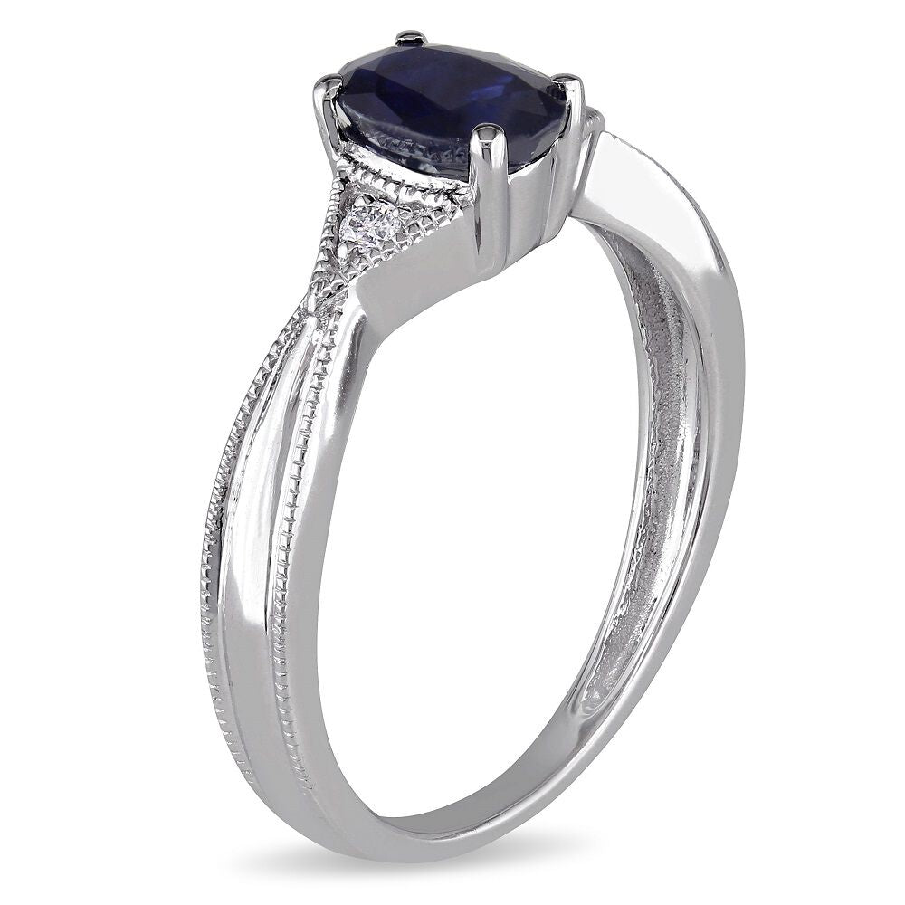 Oval Blue Sapphire & Diamond Ring with Milgrain Detail in 14K White Gold