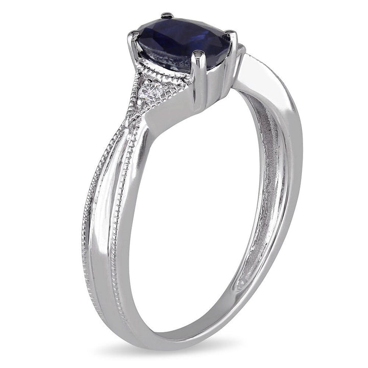 Oval Blue Sapphire & Diamond Ring with Milgrain Detail in 14K White Gold