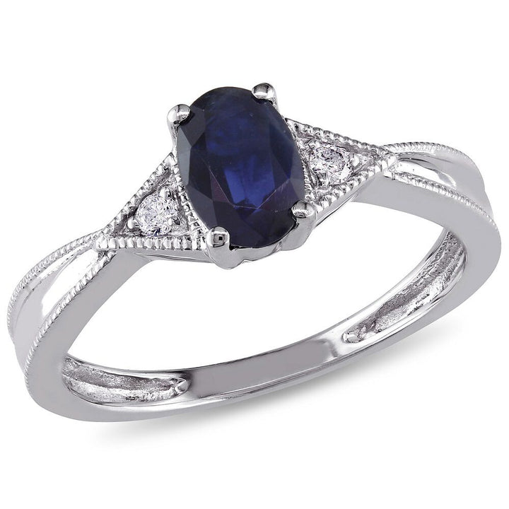 Oval Blue Sapphire & Diamond Ring with Milgrain Detail in 14K White Gold