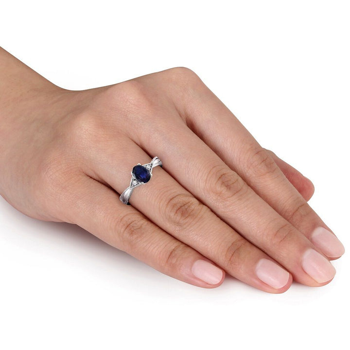 Oval Blue Sapphire & Diamond Ring with Milgrain Detail in 14K White Gold