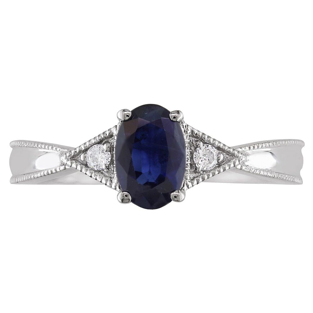 Oval Blue Sapphire & Diamond Ring with Milgrain Detail in 14K White Gold