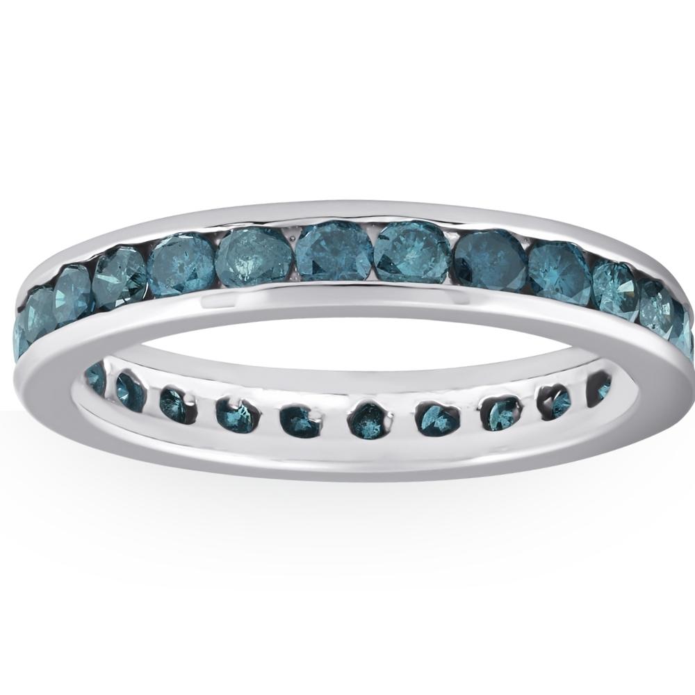 1 1/2 CT Blue Diamond Channel Set Eternity Ring 14K White Gold
