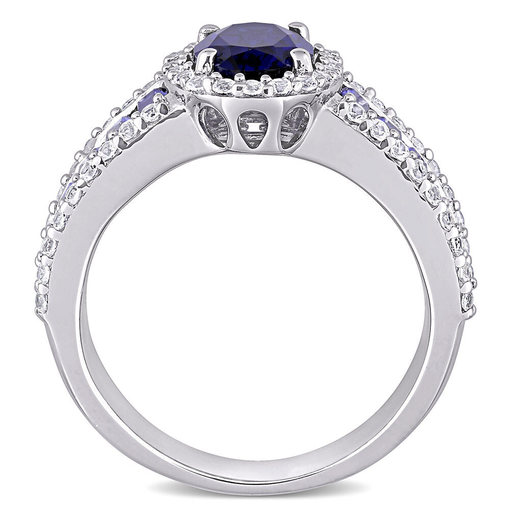 Oval Lab Created Blue & White Sapphire Halo Ring in Sterling Silver