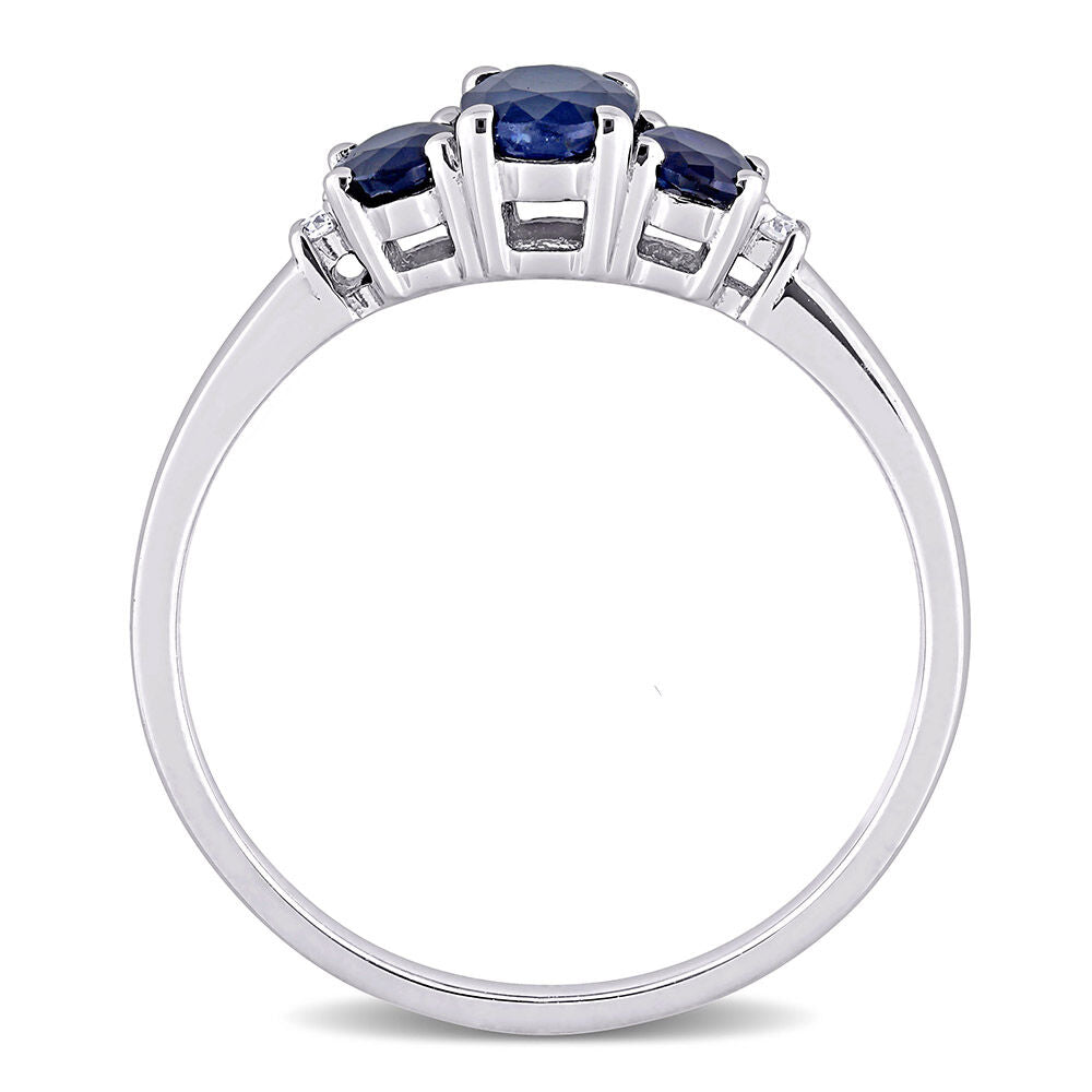 Oval Three-Stone Blue Sapphire Ring in 10K White Gold