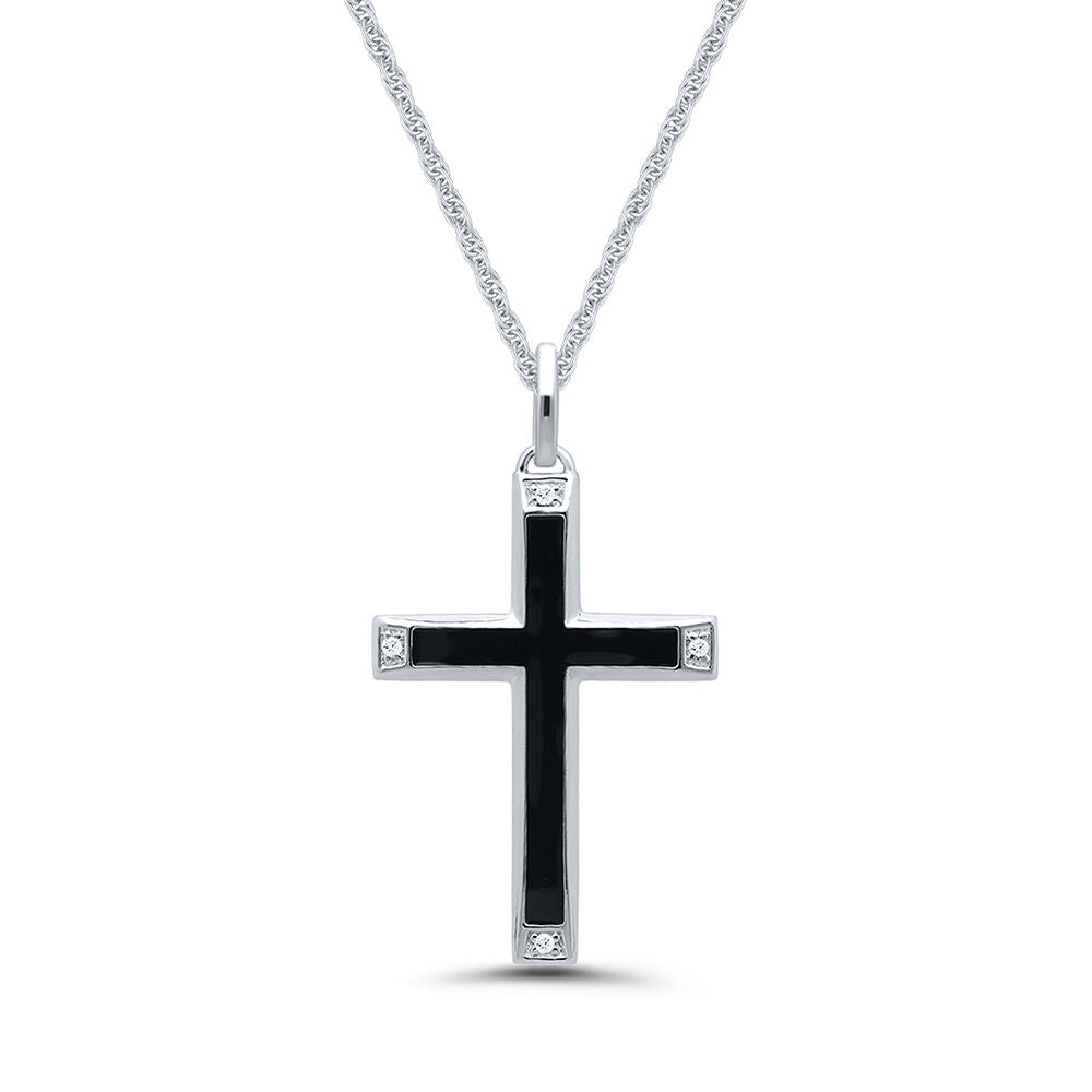 Black Cross Pendant with Diamond Accents in Black Enamel Sterling Si