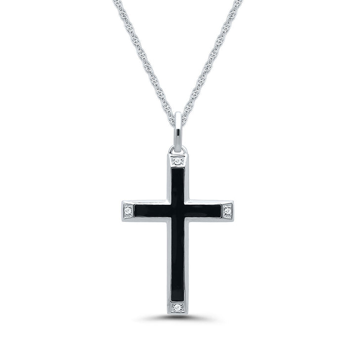 Black Cross Pendant with Diamond Accents in Black Enamel & Sterling Silver