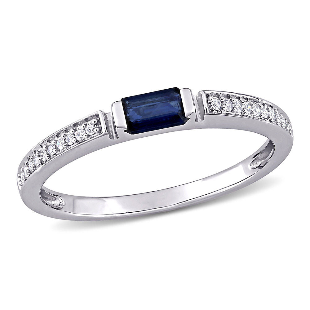 Blue Sapphire & Diamond Stacking Ring in 10K White Gold (1/10 ct. tw.)