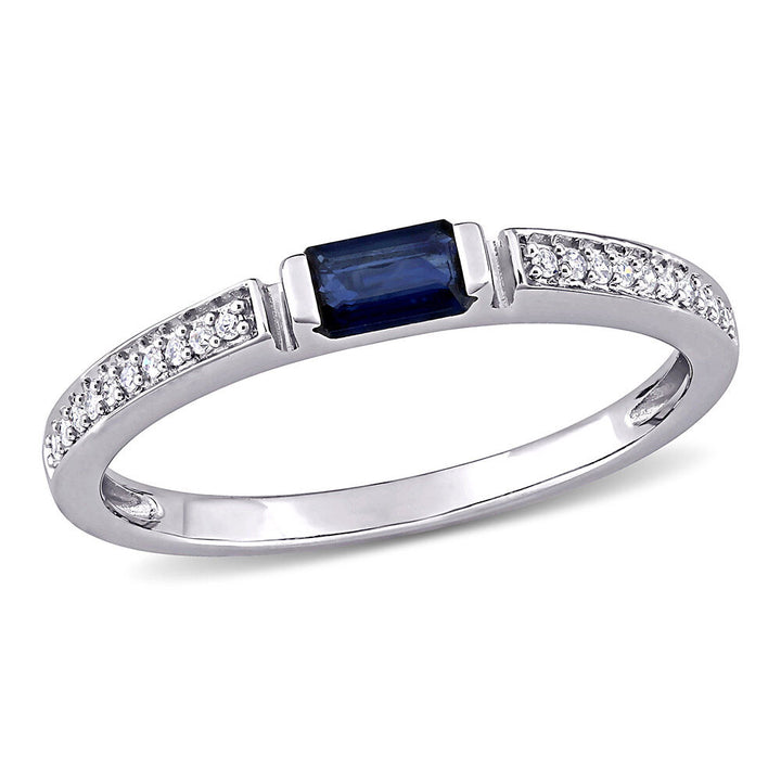 Blue Sapphire & Diamond Stacking Ring in 10K White Gold (1/10 ct. tw.)