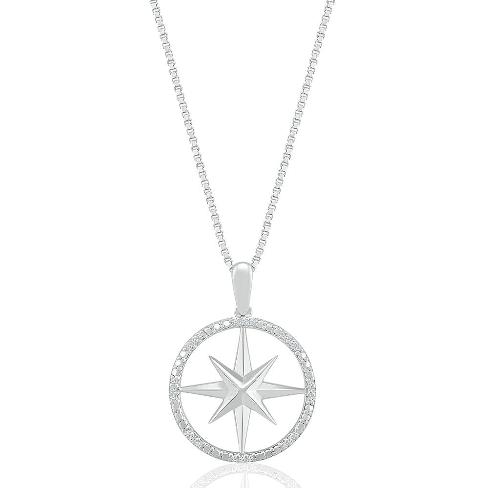 Compass Pendant with Diamond Accents in Sterling Silver