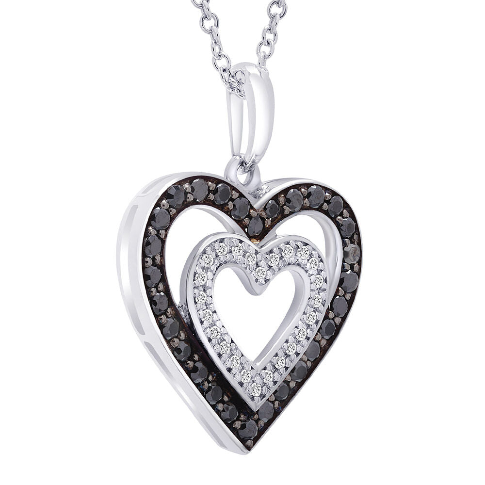 Double Heart Pendant with Black & White Diamonds in Sterling Silver (1/3 ct. tw.)