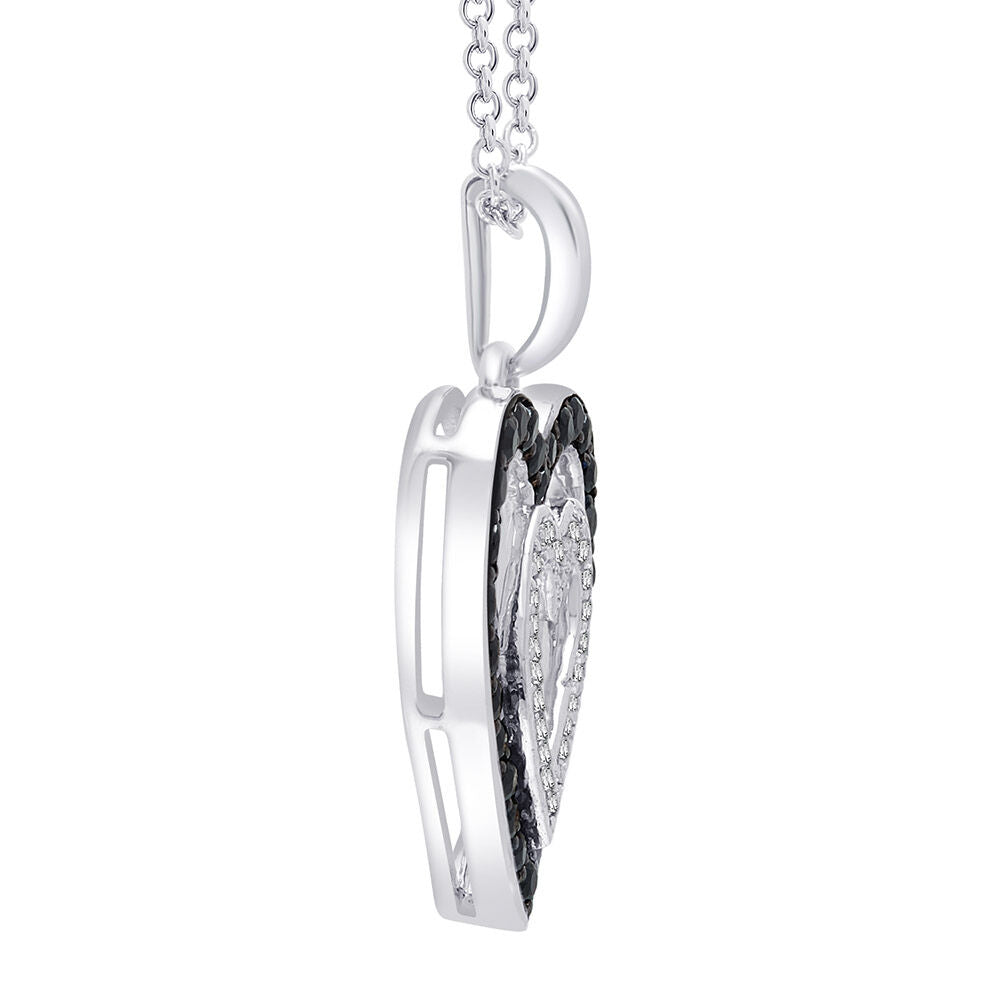 Double Heart Pendant with Black & White Diamonds in Sterling Silver (1/3 ct. tw.)