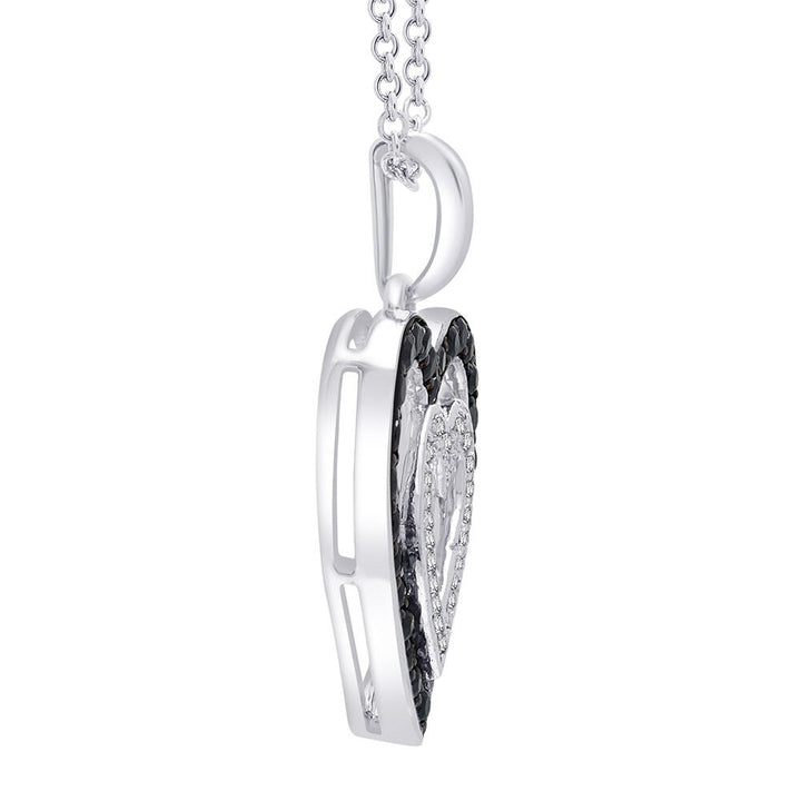 Double Heart Pendant with Black & White Diamonds in Sterling Silver (1/3 ct. tw.)