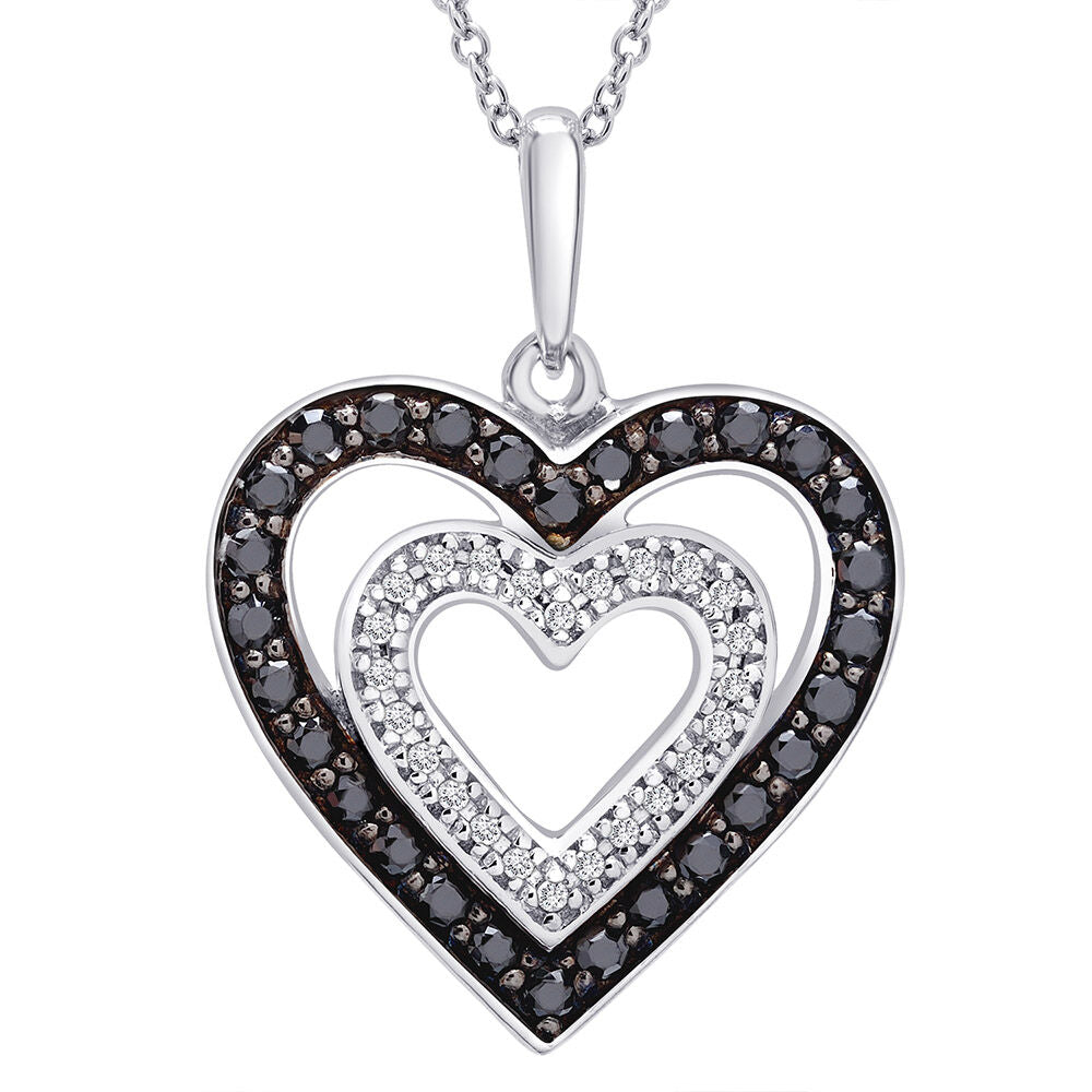 Double Heart Pendant with Black & White Diamonds in Sterling Silver (1/3 ct. tw.)