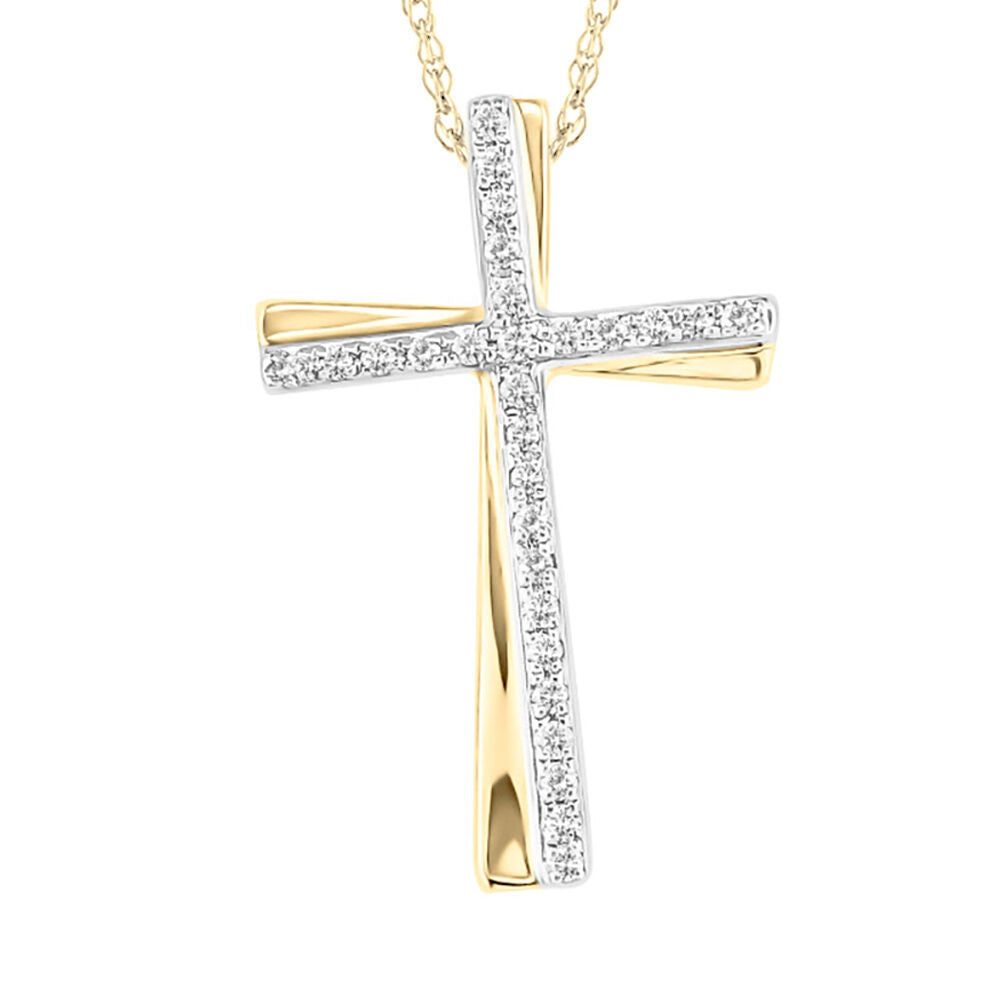 Diamond Cross Pendant with Tilt in 10K Yellow & White Gold (1/7 ct. tw.)