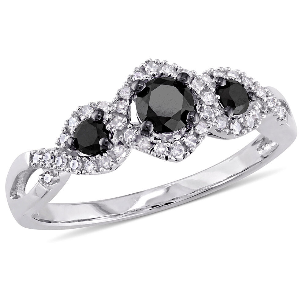 Three-Stone Ring with Black & White Diamonds in 10K White Gold (1/2 ct. tw.)