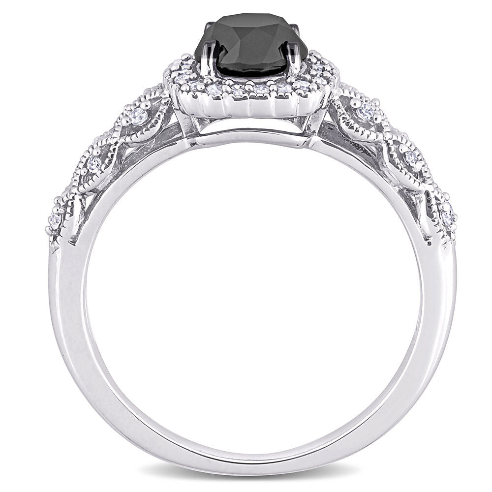 Black & White Diamond Ring with Cushion-Shaped Halo in 10K White Gold (1 1/7 ct. tw.)